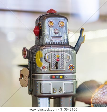 Istanbul, Turkey, 23 March 2019: Vintage tinplate old toy robot. Rahmi M. Koc Industrial Museum