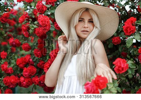 Perfume And Cosmetics. Woman In Front Of Blooming Roses Bush. Blossom Of Wild Roses.  Aroma Of Roses