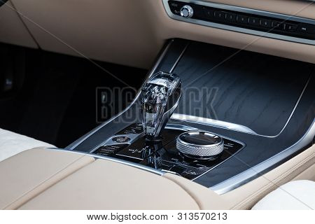 Novosibirsk, Russia - 07.20.2019: View To The White And Brown Interior Of Bmw X7 M Performance With 