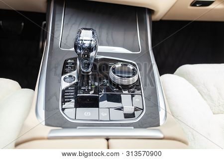 Novosibirsk, Russia - 07.20.2019: View To The White And Brown Interior Of Bmw X7 M Performance With 