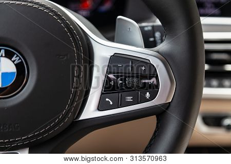 Novosibirsk, Russia - 07.20.2019: View To The White And Brown Interior Of Bmw X7 M Performance With 
