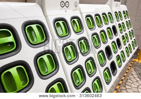 Taipei, Taiwan - June 7th, 2019: charging station for battery packs of Taiwan-based Gogoro electronic motocycle at street in Taipei, Taiwan, Asia