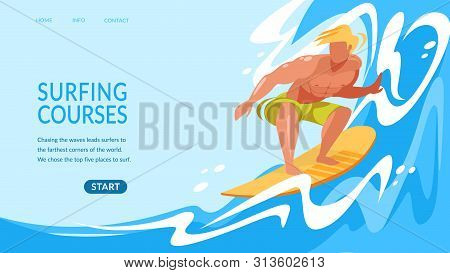 Surfing Courses Horizontal Banner With Young Man Riding Surf Board By Ocean Waves. Sportsman In Moti