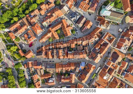Wangen Im Allgau, Germany - July 21.2019: Aerial View From Drone To The Ancient Historic Medieval Ol