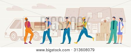 Moving To New House Flat Vector Concept With Real Estate Owners Couple Watching For Delivery Service
