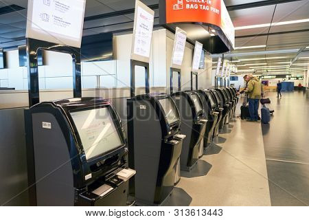 VIENNA, AUSTRIA - CIRCA MAY, 2019: self check-in kiosks at Vienna International Airport.
