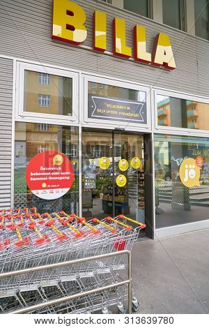 VIENNA, AUSTRIA - CIRCA MAY, 2019: entrance to a BILLA supermarket in Vienna. BILLA is an Austrian supermarket chain.