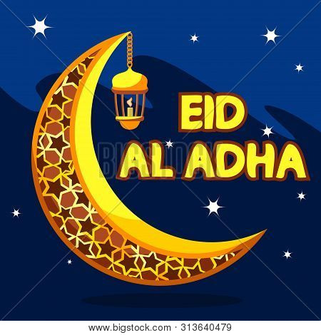 Painted Month With A Lantern On The Night Background. The Muslim Holiday Eid Al-adha.