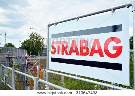 Warsaw, Poland. 26 July 2019. Sign Strabag. Company Signboard Strabag.