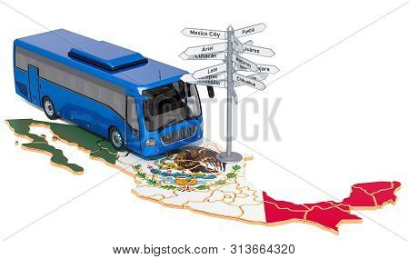 Mexico Bus Tours Concept. 3d Rendering Isolated On White Background