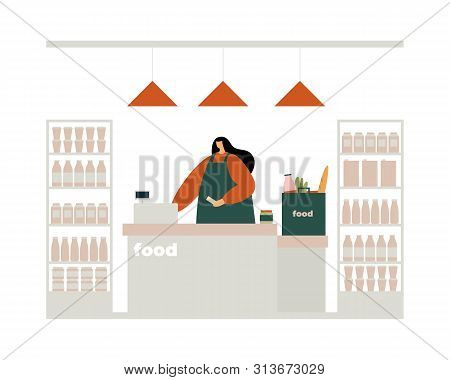 Woman Cashier Teller At The Checkout Counter Punches A Check For Payment Of Products. Concept Of Sal