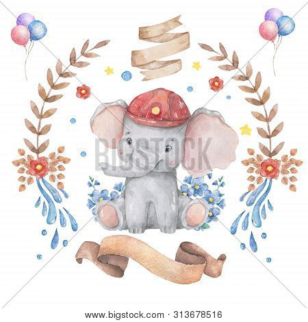 Cute Baby Safari Animal Elephant Beautiful Floral Flowers Wreath, Frame, Bouquet Watercolor Hand Dra