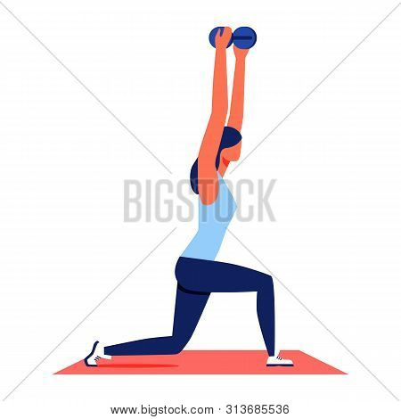 Training For Women. Woman Lifts Dumbbells Up. Sports Suit. Pumping Muscles. Woman Engaged Fitness On