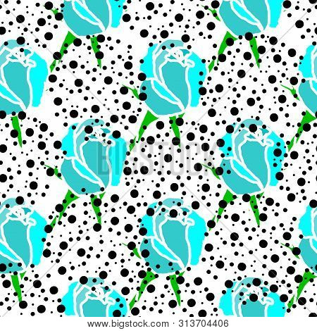 Vector Illustration. Cool Roses With Stalk And Dotted Circles On White Background Seamless Repeat Pa