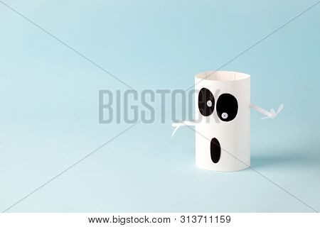 Halloween Ghost, Spook On Blue For Halloween Concept Background. Paper Crafts, Diy. Handcraft Creati