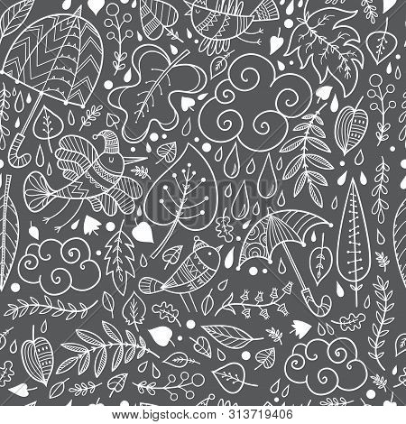 Seamless Pattern With Cute Cartoon Birds And Umbrellas On A Gray Background. Falling Leaves. Rainy W