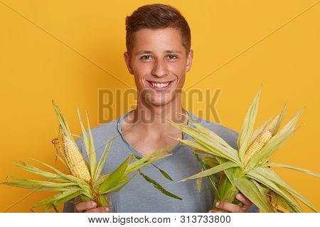 Close Up Portrait Of Handsome Blond Man Holding Fresh Sweet Corn Cobs With Leaves Isolated On Yellow