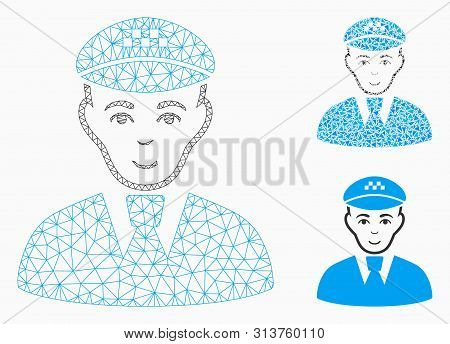 Mesh Taxi Driver Model With Triangle Mosaic Icon. Wire Carcass Triangular Network Of Taxi Driver. Ve
