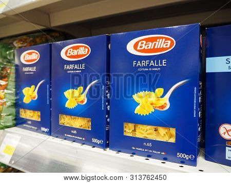 St. Petersburg, Russia. 07.21.2019. Barilla Farfalle Italian Pasta In The Shape Of Bow Ties Or Butte