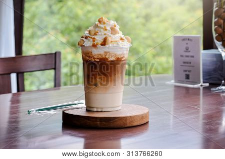 Cold Coffee -iced Caramel Macchiato Layered Espresso Drink, Vanilla Syrup, Cold Creamy Milk Espresso