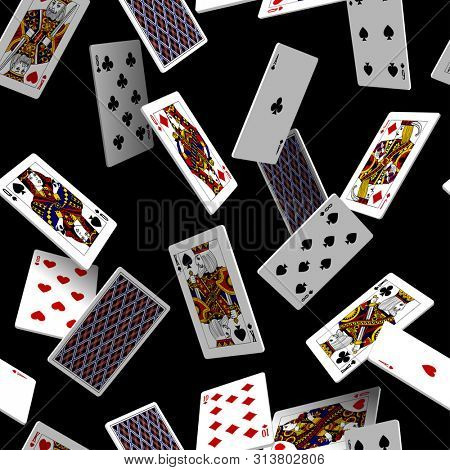 Falling playing cards seamless pattern isolated on black backgroun. Original design in three dimensional style