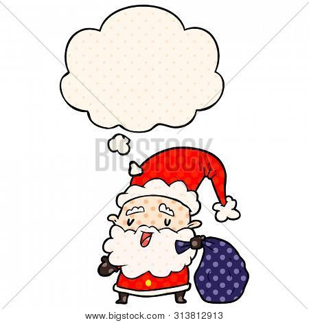 cartoon santa claus with sack with thought bubble in comic book style
