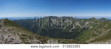 Panoramic View From Baranec Peak On Western Tatra Mountains Or Rohace Panorama. Sharp Green Mountain