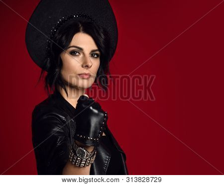 Portrait Of Strong And Sexy Woman Brunette In Stylish Brutal Neofolk Leather Jacket Black Kokoshnik 