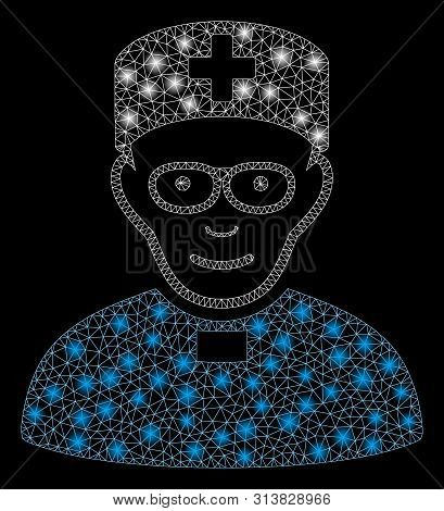 Glossy Mesh Monastic Doctor With Glow Effect. Abstract Illuminated Model Of Monastic Doctor Icon. Sh