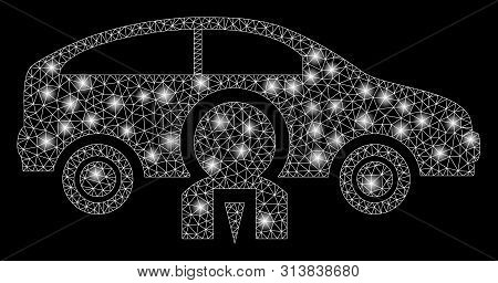 Glowing Mesh Car Owner With Lightspot Effect. Abstract Illuminated Model Of Car Owner Icon. Shiny Wi