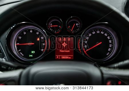 Novosibirsk, Russia - July 08, 2019:  Opel Mokka, Close-up Of The Dashboard, Speedometer And Tachome