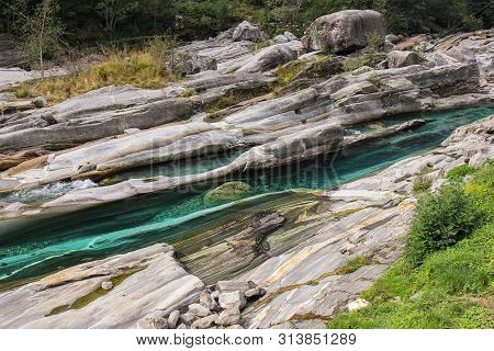 The Bizaare Rock Formation At The Verzasca River, Lavertezzo Valley, Ticino, Switzerland