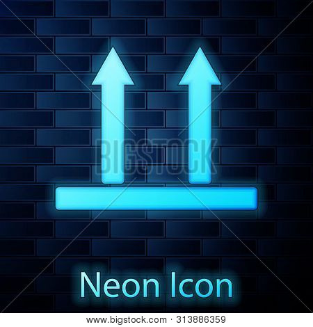 Glowing Neon This Side Up Icon Isolated On Brick Wall Background. Two Arrows Indicating Top Side Of 