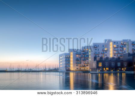 Copenhagen, Denmark - February 15, 2017: Evening View Of Modern Residential Buildings In Orestad Dis