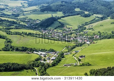 Sulov Village From Sulov Rocks, Slovak Republic. Travel Destination. Hiking Theme.