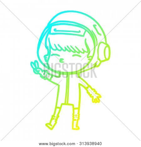cold gradient line drawing of a cartoon spacegirl making peace sign