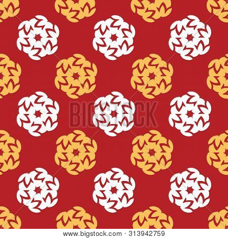 White Yellow Geometric Seamless Pattern On Red Background Vector Illustration - Fabric Design Collec