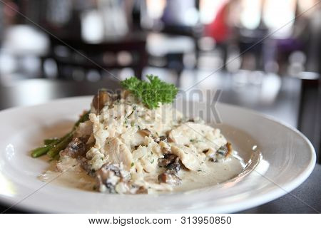 Chicken Scallopini White Sauce In Close Up