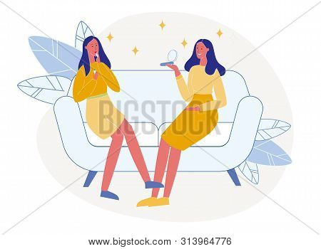 Girlfriends Try Cosmetics Flat Vector Illustration. Young Ladies, Sisters Sitting On Couch Cartoon C