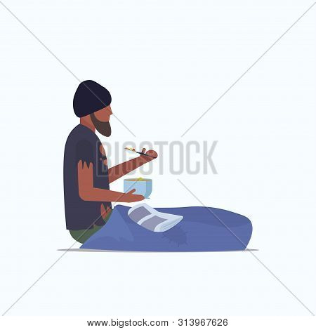 Man Beggar African American Tramp Sitting On Floor And Eating Begging For Help Homeless Jobless Conc