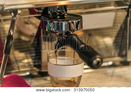 Coffee With Various Options.espresso Machine Making Coffee In Cup. Brewing Coffee With Espresso Mach