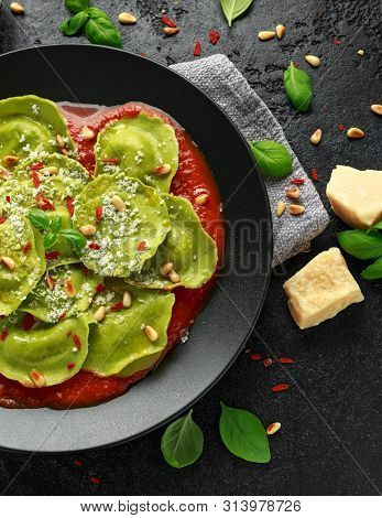 Italian Ravioli Pasta Stuffed With Basil Pesto, Creamy Ricotta And Crunchy Pine Nuts. Healthy Vegeta