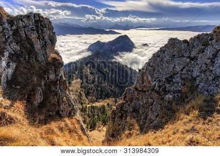 Beautiful Scenic Autumn Landscape Of Afonka Rock Viewed From Maliy Tkhach Mountain Peak With Shroud 