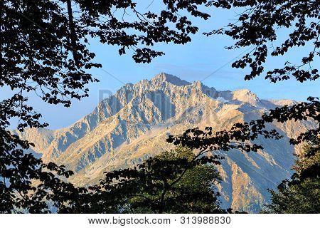 Mountain Peak Chugush In Main Caucasus Ridge Viewed Through Green Foliage On Blue Sky Background. Be