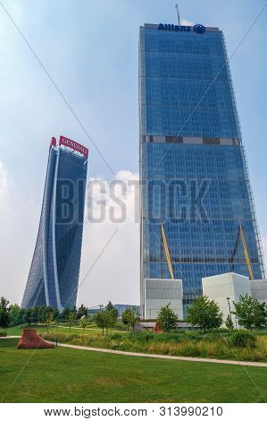 Milan, Italy - June 28, 2019 - Isozaki Tower And Hadid Tower In City Life Complex, Tre Torri Milan P