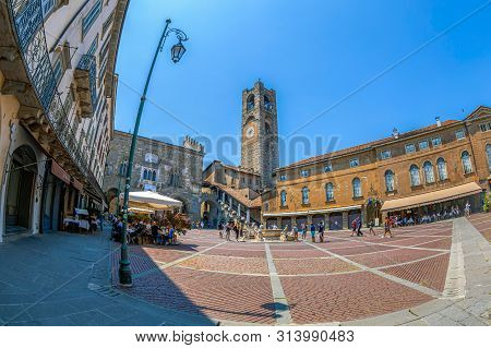 Bergamo, Italy - June 30, 2019: View Of Piazza Vecchia With Civic Tower (torre Civica Campanone) And
