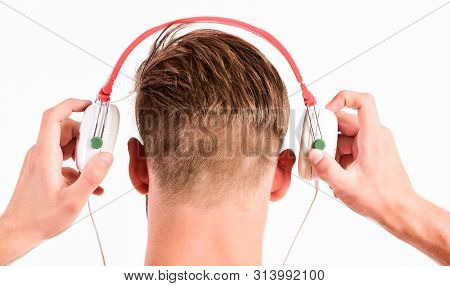 Sale Discount. Man Listening Music Headphones White Background. Modern Technology. Music Taste Conce