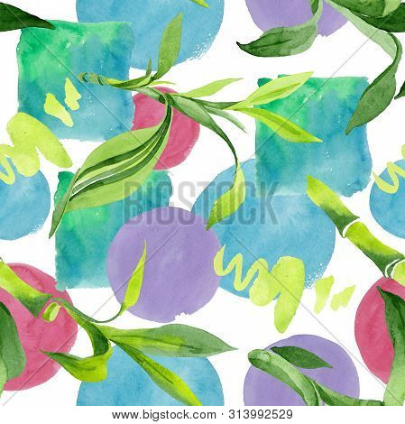 Bamboo Green Leaves. Watercolor Background Illustration Set. Seamless Background Pattern.