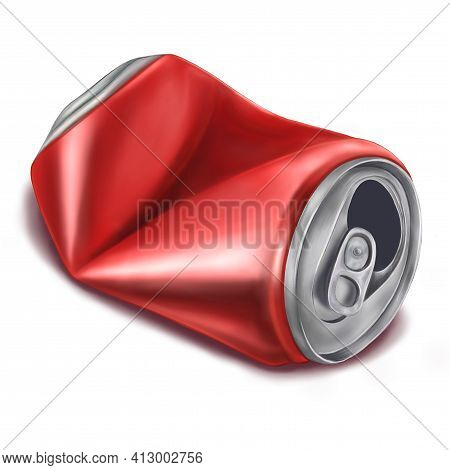 Red Damaged Bottle Isolated On White Background. Metal Bottle Of Lemonade Or Energy Drink. Hand-draw