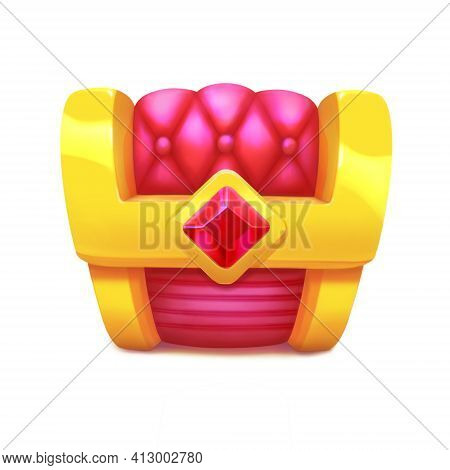 Gold Treasure Chest With Diamond. Cartoon Game Icon Isolated On White Background. High Quality Gold 